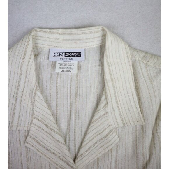 WOMEN'S BEIGE STRIPED SHORT SLEEVE BUTTON-UP TOP - CM SHAPES - BEADED FRINGE PM - Picture 6 of 10